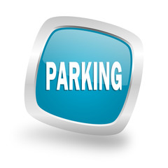 parking square blue glossy chrome silver metallic web icon