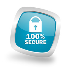 secure square blue glossy chrome silver metallic web icon