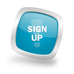 sign up square blue glossy chrome silver metallic web icon