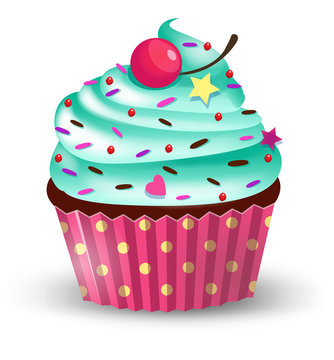 Handmade cute cartoon cupcake with cherry. Vector illustration, clip-art, isolated on white background