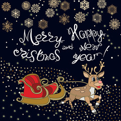 Fototapeta na wymiar Creative hand drawn doodle style illustration of Cute reindeer and sleigh, for Merry Christmas and Happy New Year celebration