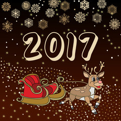 Creative hand drawn doodle style illustration of Cute reindeer and sleigh,  for Merry Christmas and Happy New Year celebration