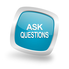 ask questions square blue glossy chrome silver metallic web icon