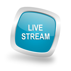 live stream square blue glossy chrome silver metallic web icon