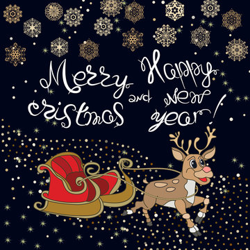 Creative hand drawn doodle style illustration of Cute reindeer and sleigh,  for Merry Christmas and Happy New Year celebration