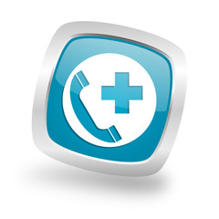 emergency call square blue glossy chrome silver metallic web icon