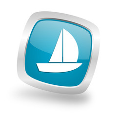 yacht square blue glossy chrome silver metallic web icon