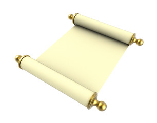 Scroll paper with golden handles isolated on white background. 3D illustration.