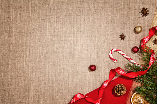 Christmas decoration background over linen cloth.