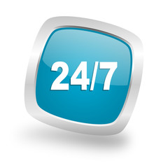 24/7 square blue glossy chrome silver metallic web icon