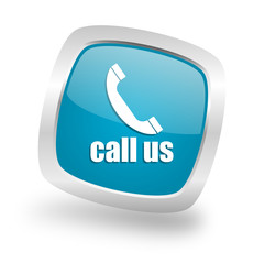 call us square blue glossy chrome silver metallic web icon