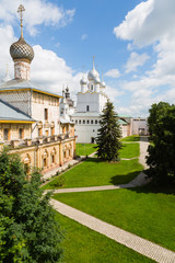 Fototapeta na wymiar Courtyard of the Rostov Kremlin, Golden Ring of Russia. Kremlin of ancient town of Rostov the Great included in World Heritage list of UNESCO.