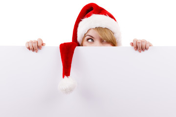 Woman with blank empty banner board. Christmas