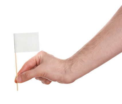 Man Hand Holding White Flag, Isolated On White