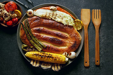 Tasty dish of grilled vegetables and baked bread