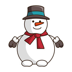 snowman smiling cartoon with red scarf and black hat. christmas season symbol. vector illustration