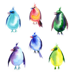 Fototapeta premium Watercolor painting. A set of brightly colored little birds on white background.