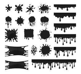 Ink drops vector set. Collection of blots, splashes and smudges. Black splatter isolated on white background.