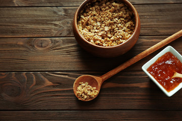 Natural scrub ingredients on wooden background