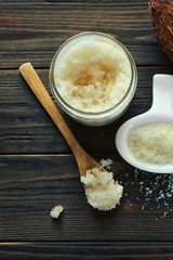 Natural scrub ingredients on wooden background