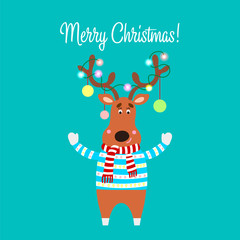 Christmas illustration of cartoon reindeer. Vector