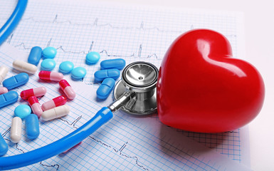 Stethoscope, pills and heart on cardiogram, closeup