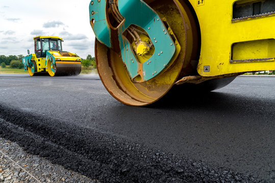 Road roller working on the construction site