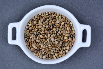 Hemp seeds in a ceramic bowl