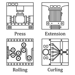 a set of four images of technological processes: pressing, twist