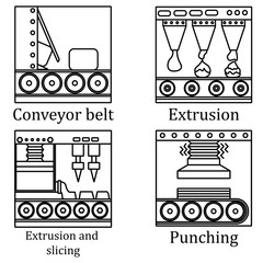 a set of four images of food production machines