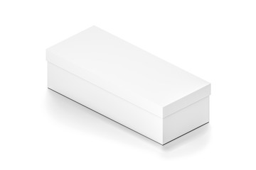 White wide horizontal rectangle blank box with cover from isometric angle.
