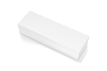 White long wide horizontal rectangle blank box with cover from top side closeup angle.