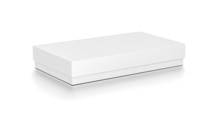 White thin horizontal rectangle blank box with cover from top side angle.