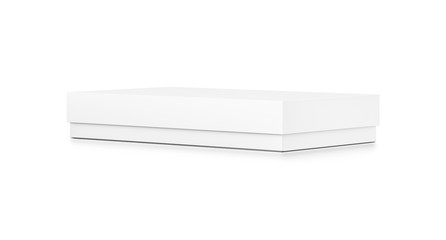 White thin horizontal rectangle blank box with cover from side angle.