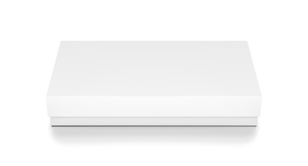 White thin horizontal rectangle blank box with cover from top front closeup angle.