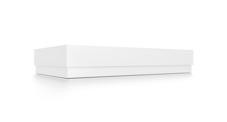 White thin horizontal rectangle blank box with cover from side closeup angle.