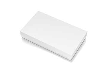 White thin horizontal rectangle blank box with cover from top side closeup angle.