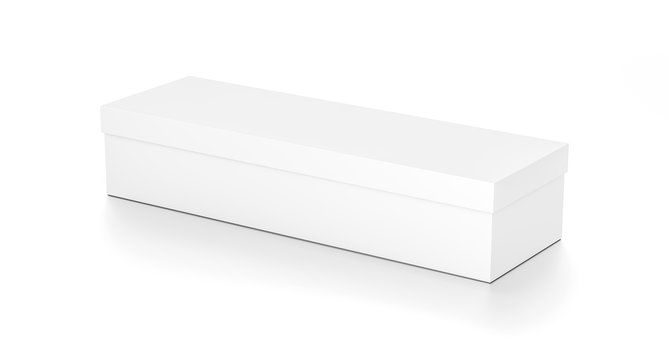 White long wide horizontal rectangle blank box with cover from top side angle.
