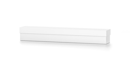 White long wide horizontal rectangle blank box with cover from top front far side angle.
