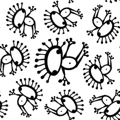 Black white monochrome doodle alien frog seamless pattern vector