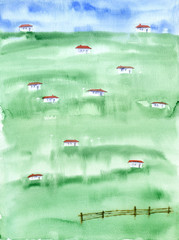 Fototapeta premium Watercolor painting. Landscape background with green fields and white houses.
