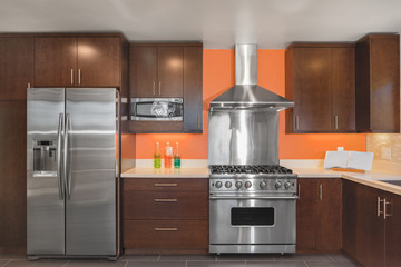 Beautiful Kitchen Interior in Dark brown with steel appliances a
