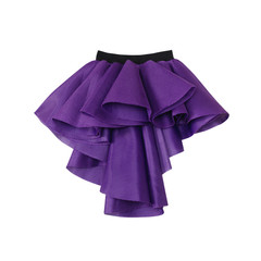 Purple short front long back skirt on white background with work