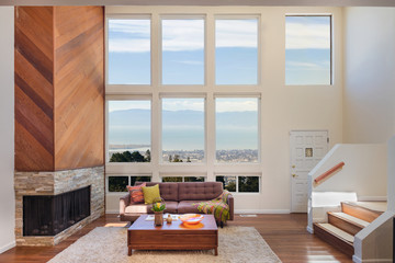 Beautiful and large living room interior with hardwood floors in