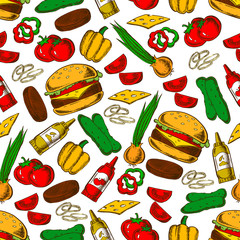 Fast food burger with ingredients seamless pattern