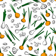 Green onion and garlic vegetables seamless pattern