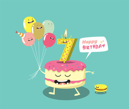 Happy birthday card. Funny cake, number candle and balloon. Vector illustration