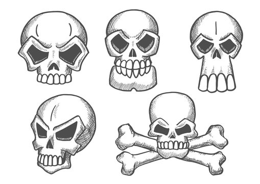 Skulls and skeleton crossbones sketch icons
