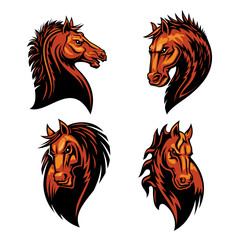 Furious horse head heraldic icons set