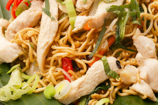 Close up view of fried noodles with vegetables
